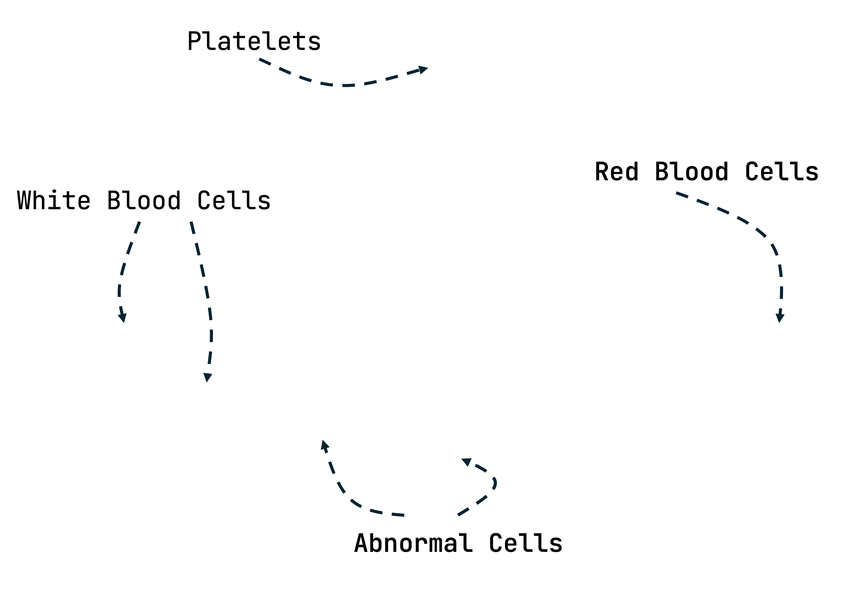 Cell types identified in the embedding: platelets, white blood cells, red blood cells, and abnormal cells